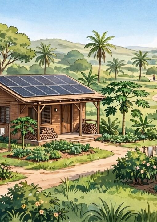 Ghana bæredygtige boliger: lavkulstofhuse med solceller og træer