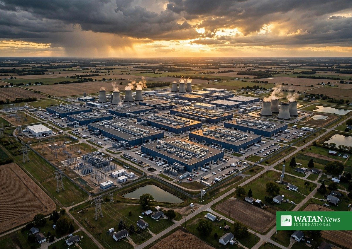 Luftfoto af et stort AI-datacenter blandt landbrugsjord i USA