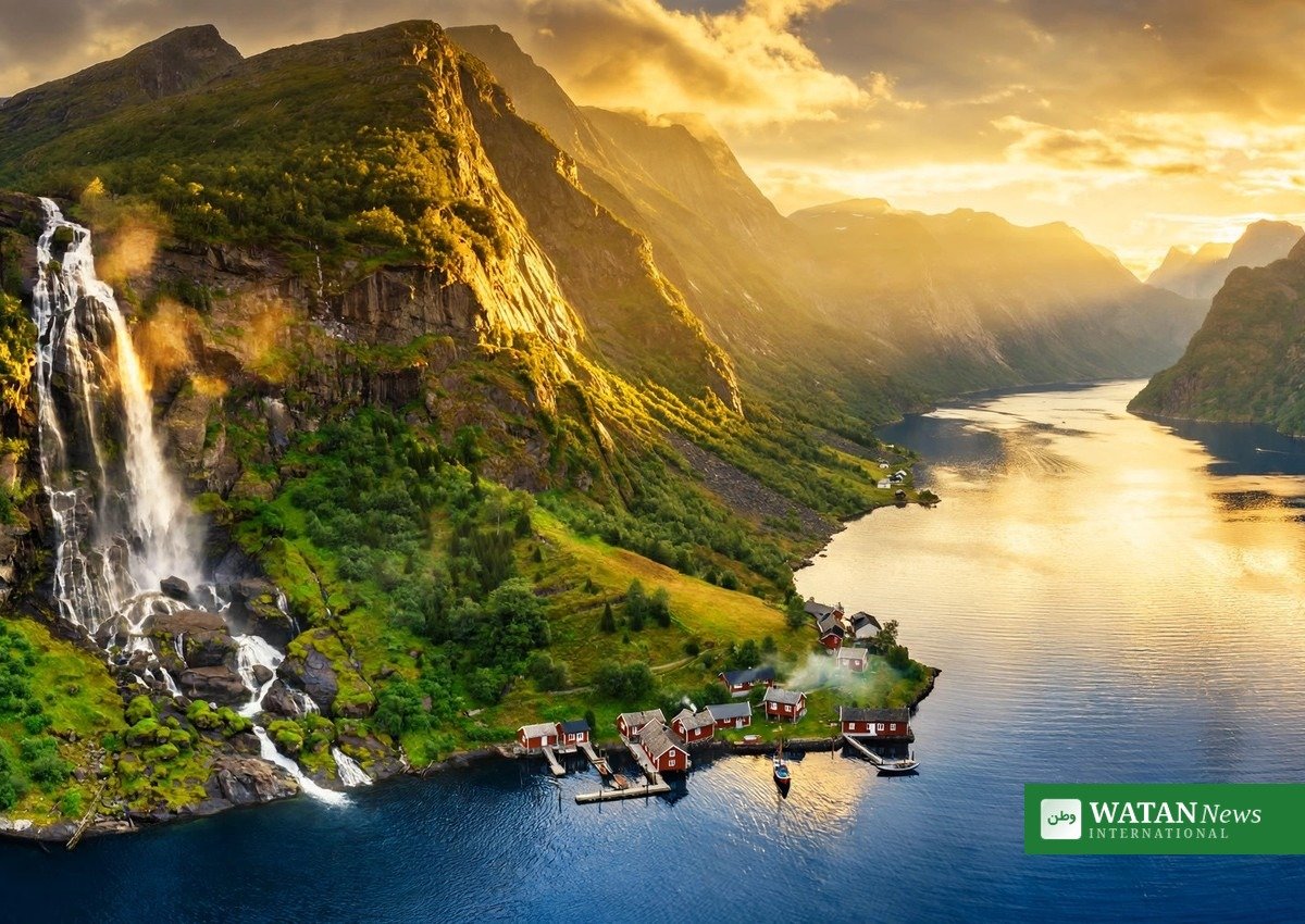 Norsk fjord med vandfald og røde træhuse – verdens bedste rejsedestinationer i Europa