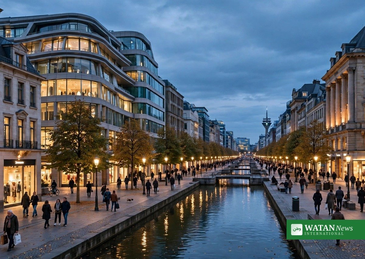 Elegant European shopping street at dusk, home to DOUGLAS premium beauty stores