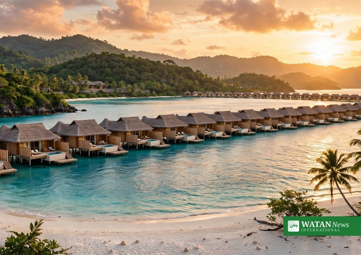 Tropical island luxury resort with white sand beach and turquoise sea at sunset