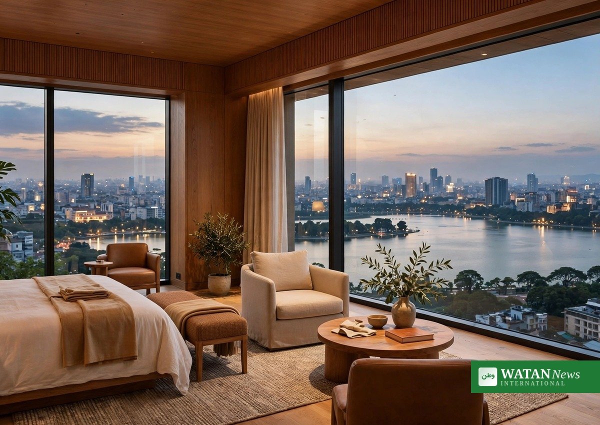 Elegant luxury hotel room with floor-to-ceiling windows overlooking a lake and city skyline