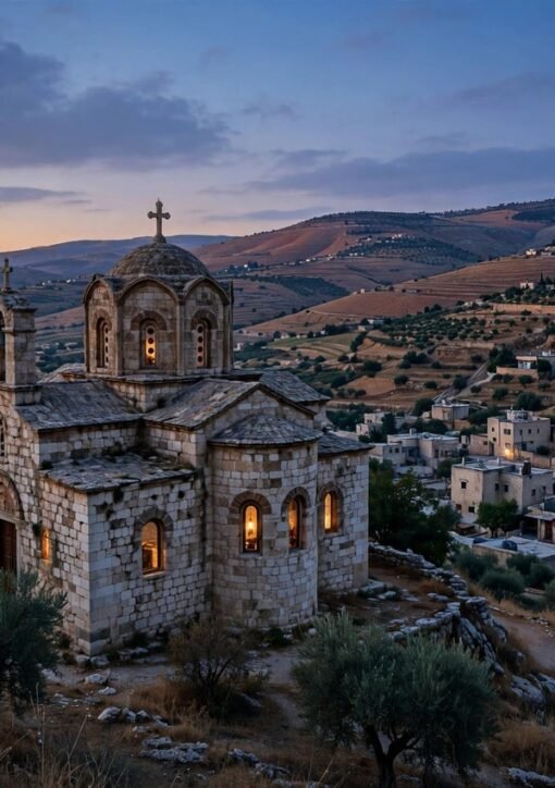 Jordan kirkeangreb – gammel stenkirke i Jordan ved skumring