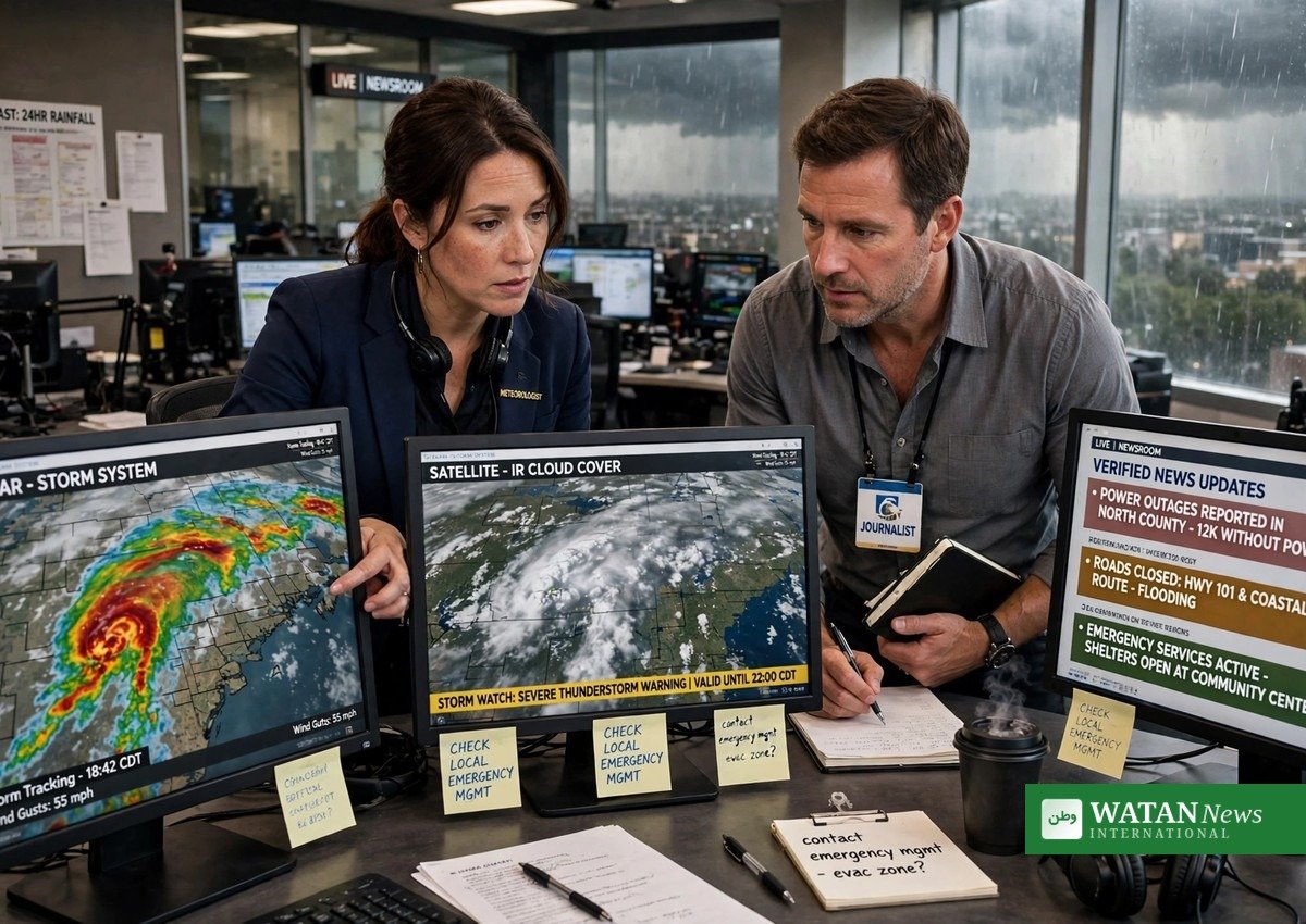 Meteorologist and journalist checking verified storm updates in a newsroom climate misinformation extreme weather