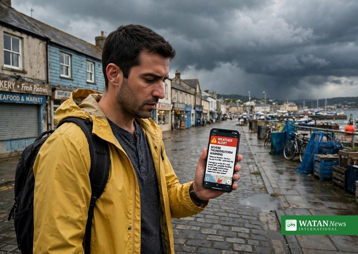 Man checking a weather alert on his phone under dark storm clouds climate misinformation extreme weather
