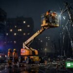 دنیپرو میں بجلی کی بندش کے دوران تاریک عمارتیں اور بجلی کی مرمت کرنے والے کارکن