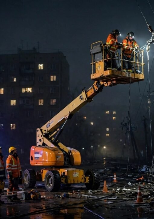دنیپرو میں بجلی کی بندش کے دوران تاریک عمارتیں اور بجلی کی مرمت کرنے والے کارکن