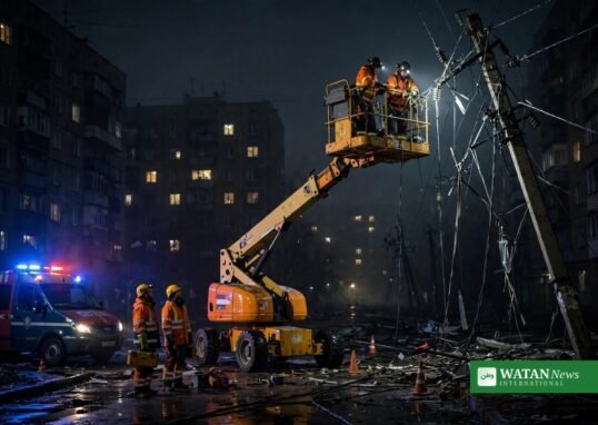 دنیپرو میں بجلی کی بندش کے دوران تاریک عمارتیں اور بجلی کی مرمت کرنے والے کارکن