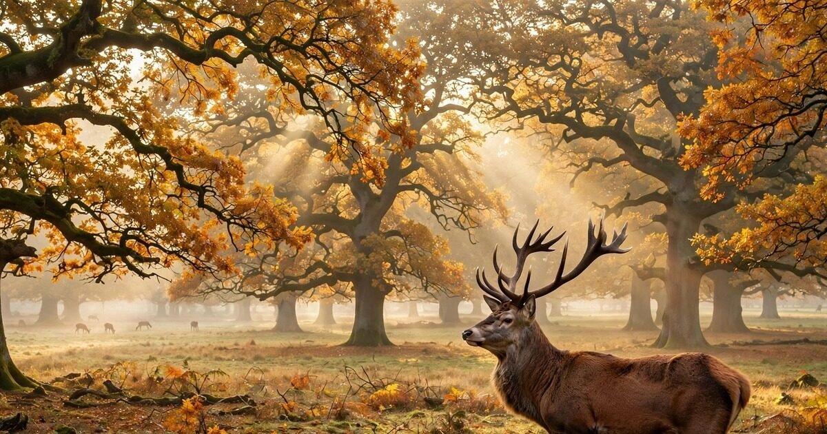 Red deer stag in morning mist in Dyrehaven, Denmark (illustration)