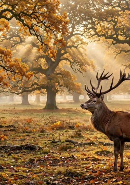 Red deer stag in morning mist in Dyrehaven, Denmark (illustration)