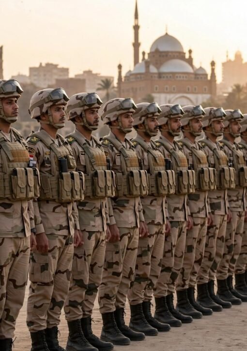 Egyptian soldiers in formation in Cairo with the Egyptian flag
