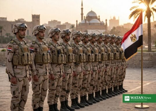 Egyptian soldiers in formation in Cairo with the Egyptian flag