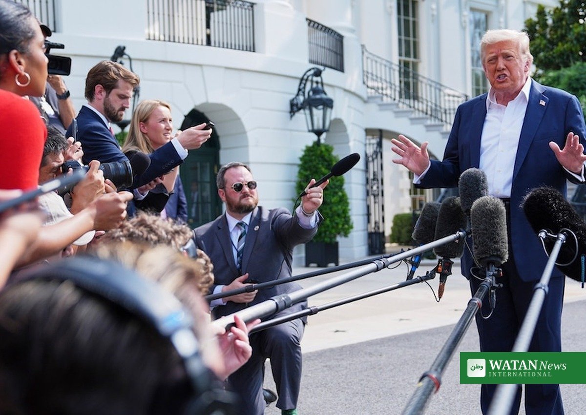 Donald Trump speaking to reporters at the White House about the trilateral Ukraine summit