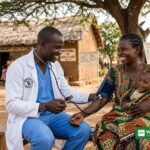 WHO NCD inequality report: a doctor checks a woman's blood pressure at a rural community health clinic