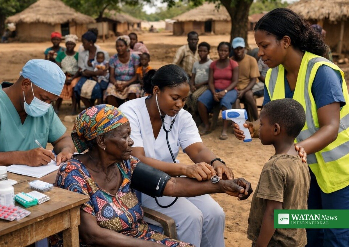 WHO NCD inequality report: community health workers conducting health screening in a village