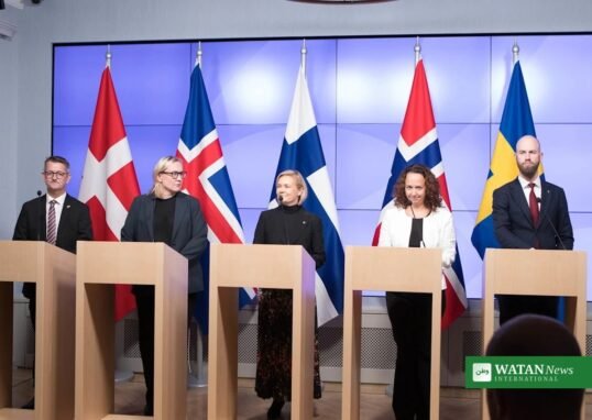 Nordic growth alliance: Nordic ministers with Nordic flags at a press conference