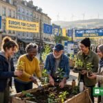 European Climate Pact ambassadors planting saplings in a European city square 2026