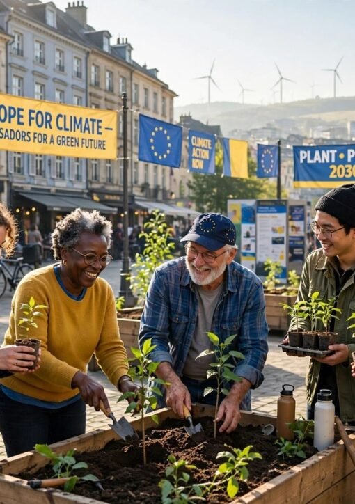 European Climate Pact ambassadors planting saplings in a European city square 2026
