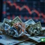 Euro hits 17-month low against the US dollar: euro and dollar banknotes in front of a falling market chart