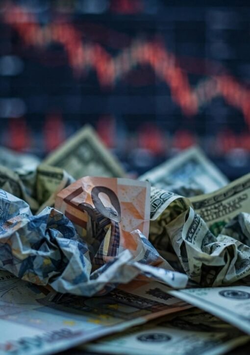 Euro hits 17-month low against the US dollar: euro and dollar banknotes in front of a falling market chart