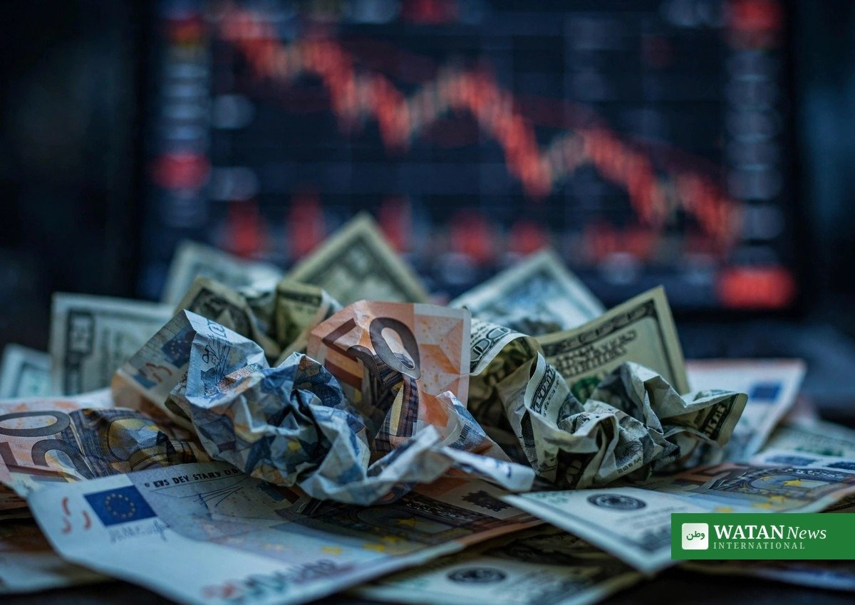 Euro hits 17-month low against the US dollar: euro and dollar banknotes in front of a falling market chart
