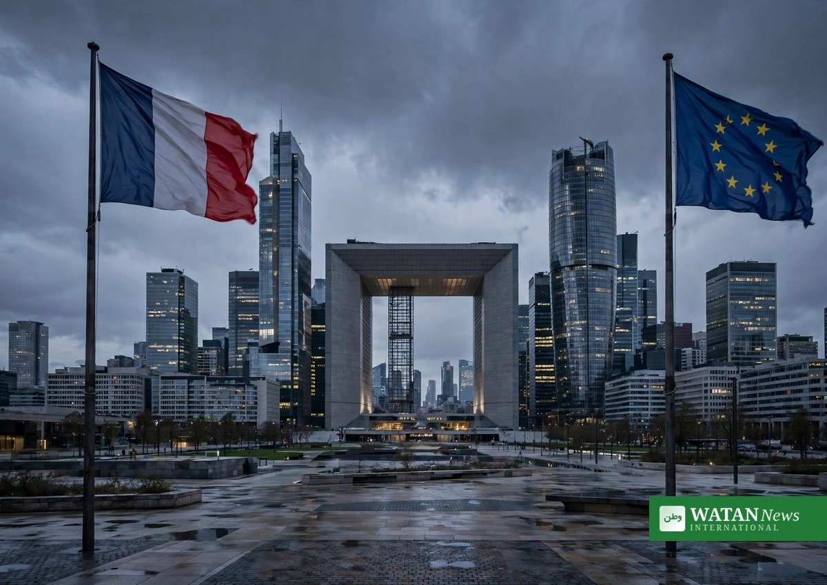 French and EU flags over Paris&rsquo;s La D&eacute;fense financial district amid the euro&rsquo;s 17-month low