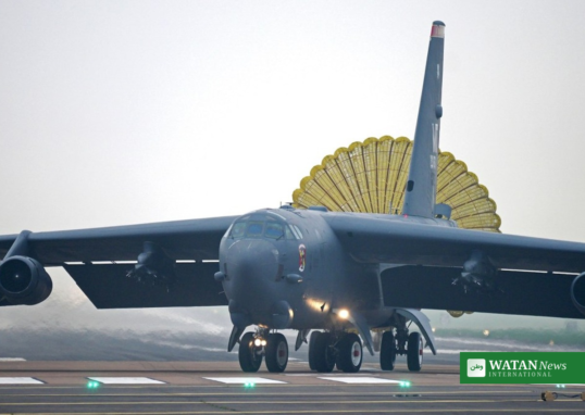 A US B-52 bomber on the runway at RAF Fairford, the British airbase used by American bombers in strikes on Iran