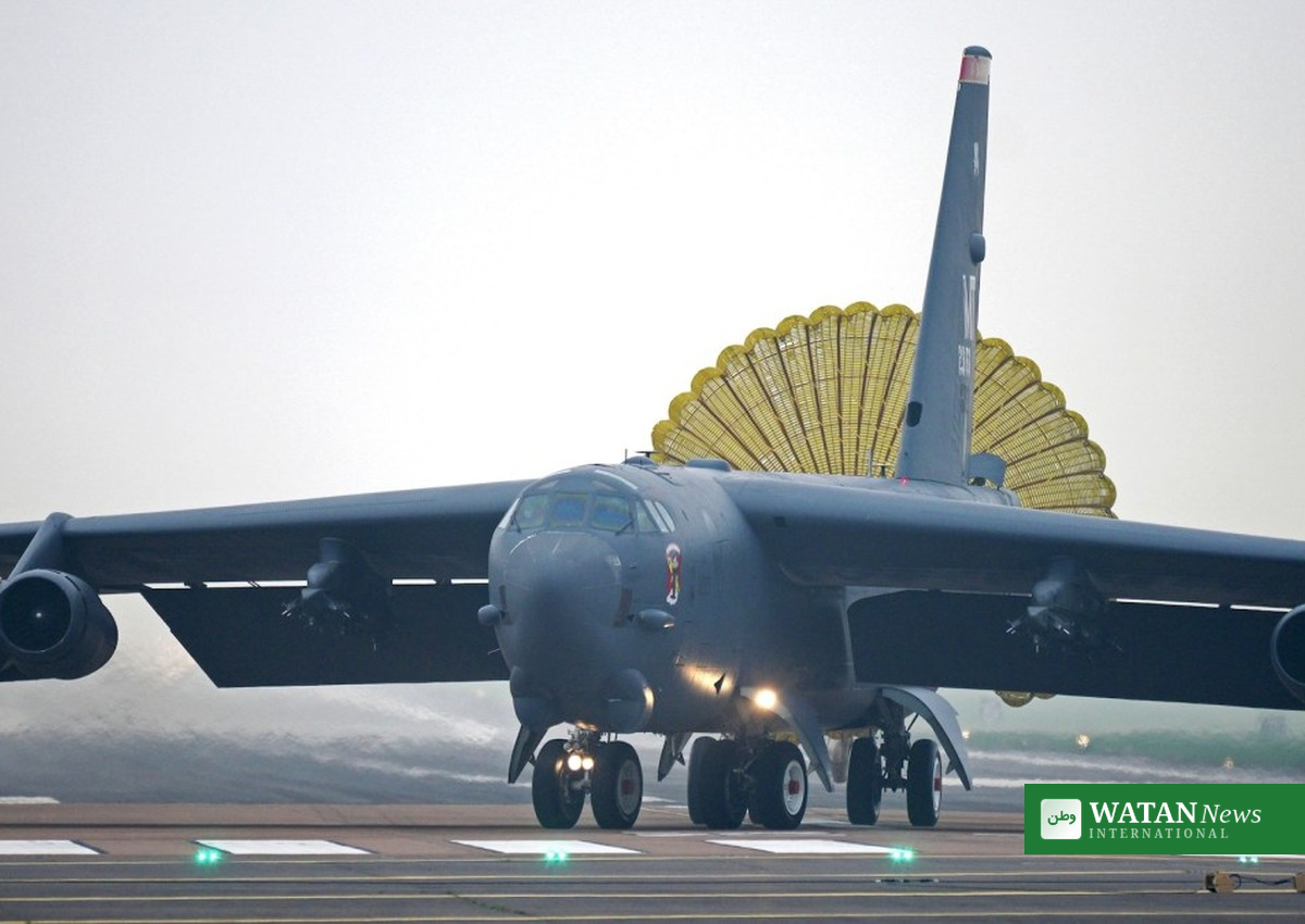 A US B-52 bomber on the runway at RAF Fairford, the British airbase used by American bombers in strikes on Iran