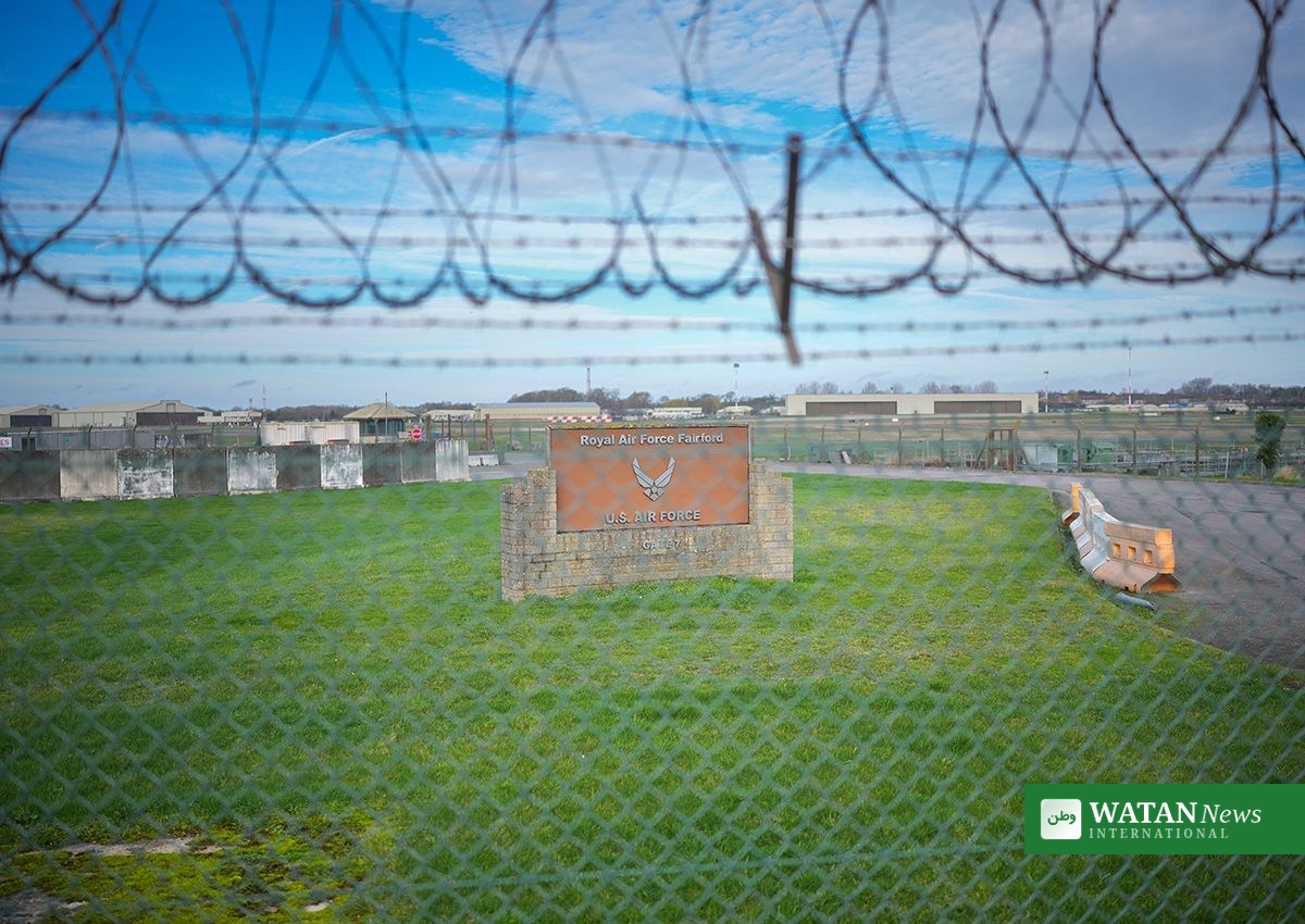 The RAF Fairford sign behind security fencing; the British airbase used by US bombers was at the centre of a suspected Iranian-linked plot