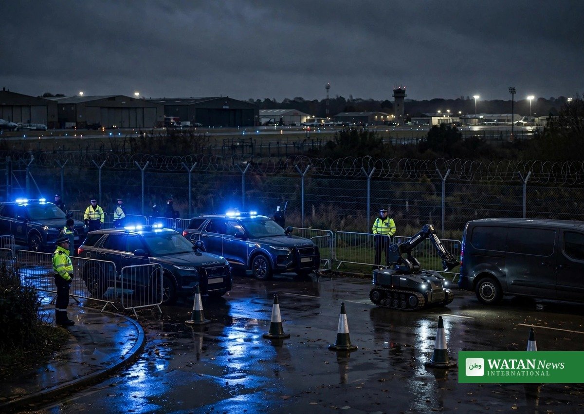 Police cordon and bomb disposal robot near RAF Fairford after the suspected terror plot