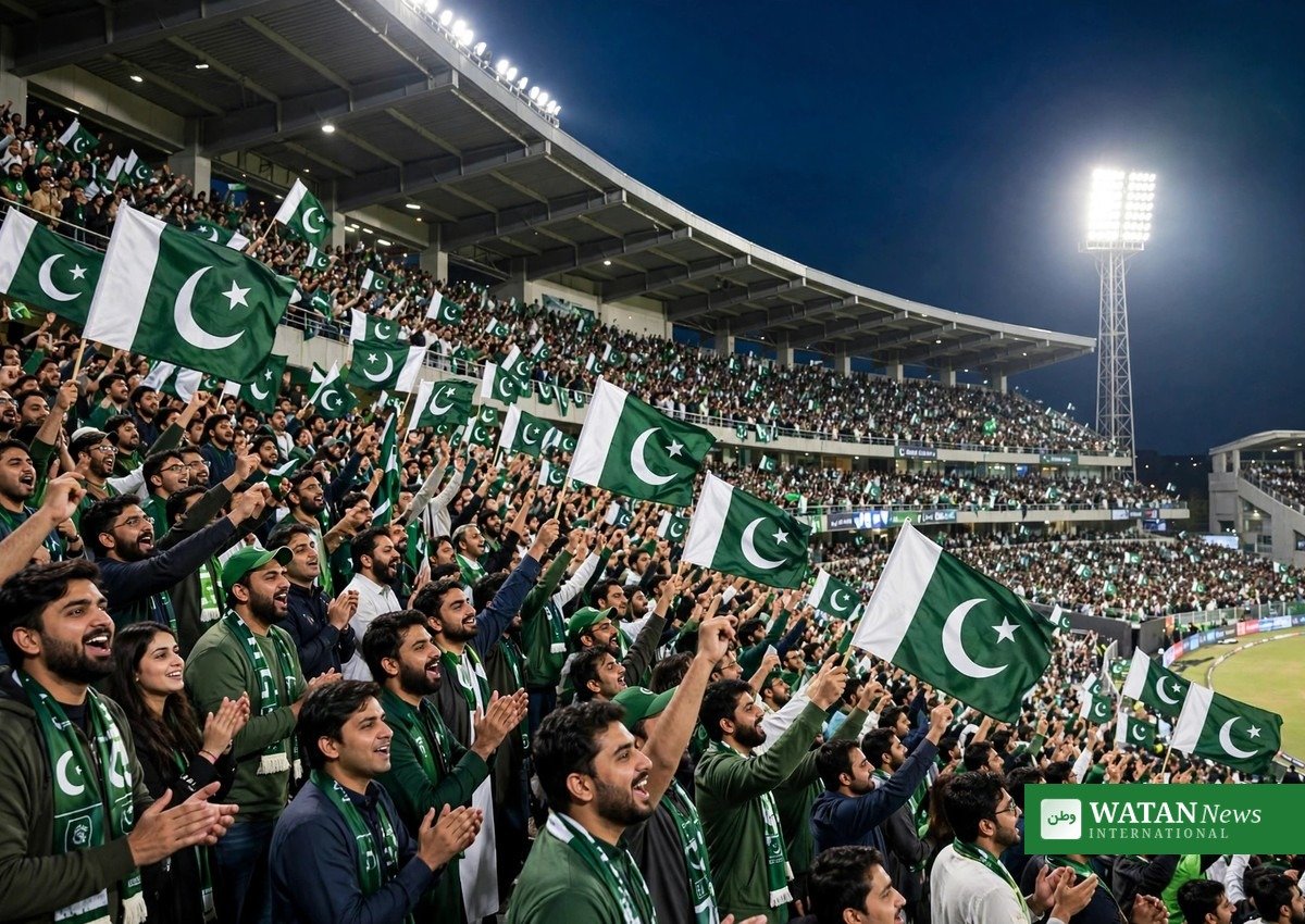 راولپنڈی کرکٹ اسٹیڈیم میں پاکستانی پرچم لہراتے ہوئے شائقین کرکٹ