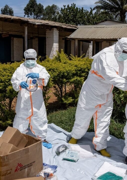 Kenya Ebola case: health workers in protective suits at an Ebola treatment centre