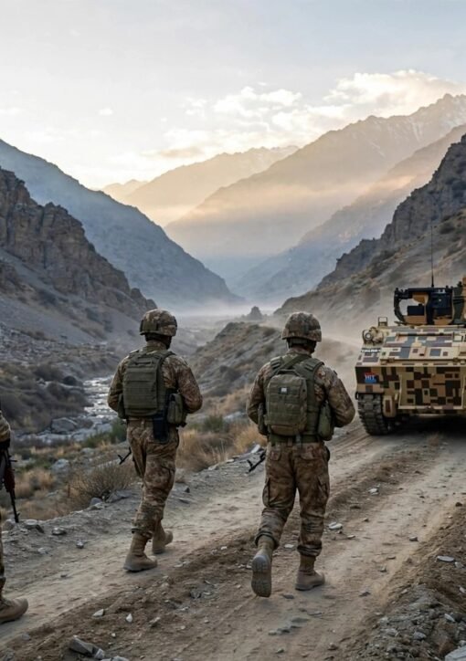 Pakistani security forces on patrol in the mountains of Khyber Pakhtunkhwa during the DI Khan operation