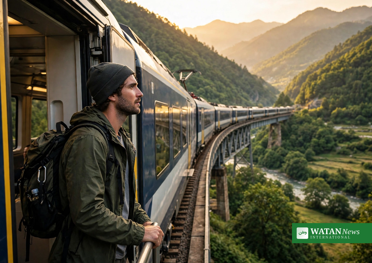 Scenic low-carbon rail journey through green mountains, sustainable travel