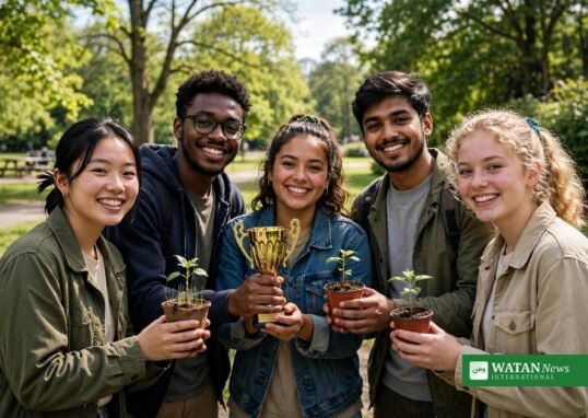 Seks forskellige unge miljøledere holder frøplanter og et gyldent trofæ i en solrig park — Brower Youth Awards 2026