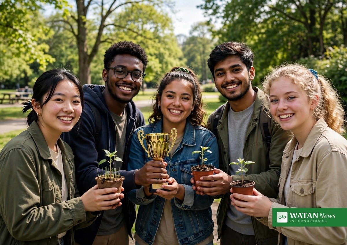 Seks forskellige unge miljøledere holder frøplanter og et gyldent trofæ i en solrig park — Brower Youth Awards 2026