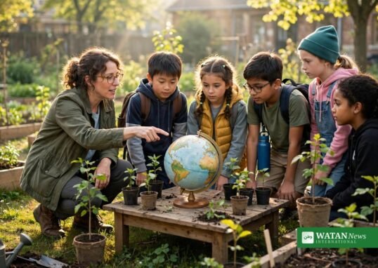 A teacher guides schoolchildren around a globe in a garden during a climate education activity ahead of the Teachers' COP at COP31 in Antalya