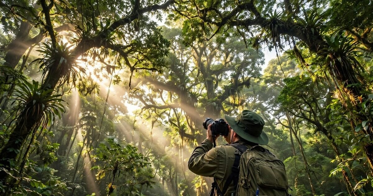 Miljøfotojournalist rapporterer fra regnskoven — klimajournalistik