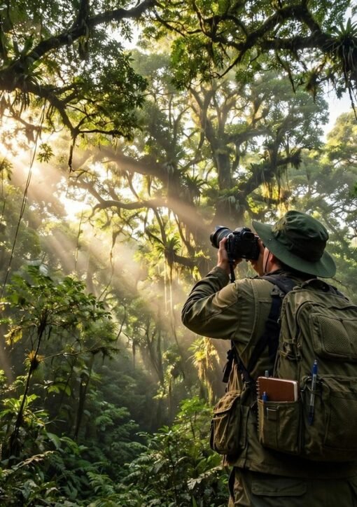 Miljøfotojournalist rapporterer fra regnskoven — klimajournalistik