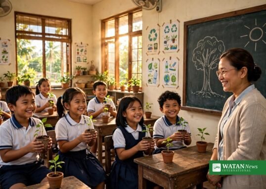 Filipino schoolchildren holding seedlings in a classroom during a climate literacy lesson