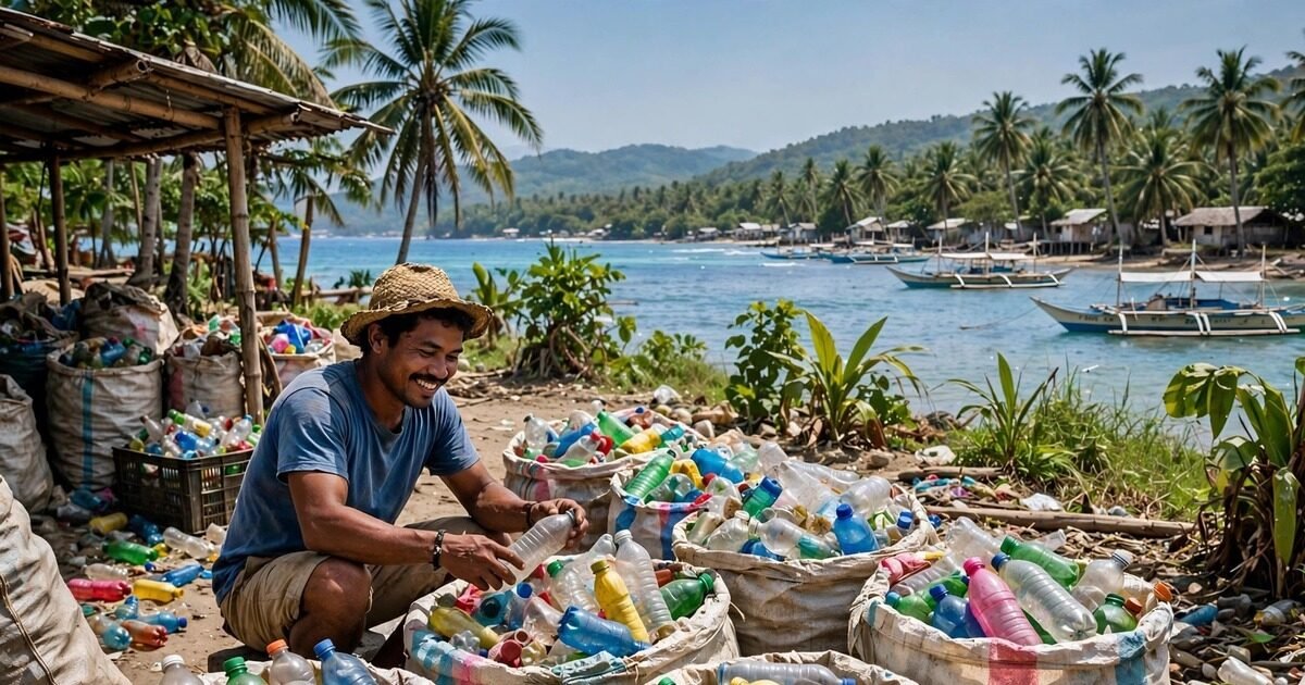 Plastic Bank Philippines — a collector sorts used plastic bottles at a coastal collection point