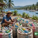 Plastic Bank Philippines — a collector sorts used plastic bottles at a coastal collection point