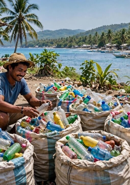 Plastic Bank Philippines — a collector sorts used plastic bottles at a coastal collection point