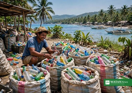 Plastic Bank Philippines — a collector sorts used plastic bottles at a coastal collection point