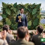 Climate champion receiving a golden award trophy at an outdoor ceremony