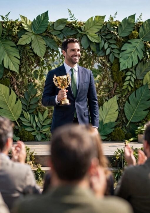 Climate champion receiving a golden award trophy at an outdoor ceremony