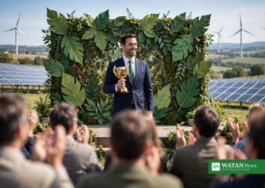 Climate champion receiving a golden award trophy at an outdoor ceremony