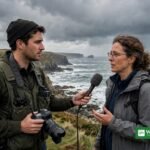 Climate journalist interviewing a climate scientist on a stormy coast for the 2026 Romeo Bassoli climate journalism award