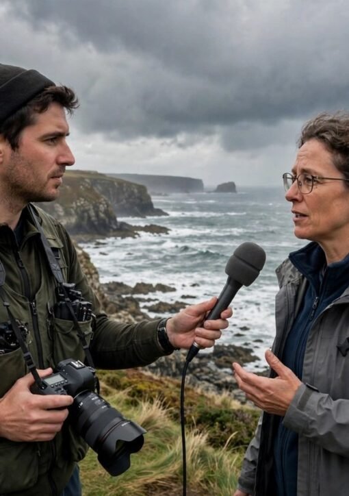 Climate journalist interviewing a climate scientist on a stormy coast for the 2026 Romeo Bassoli climate journalism award