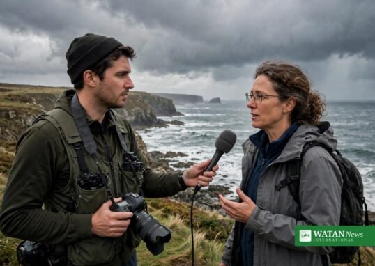 Climate journalist interviewing a climate scientist on a stormy coast for the 2026 Romeo Bassoli climate journalism award